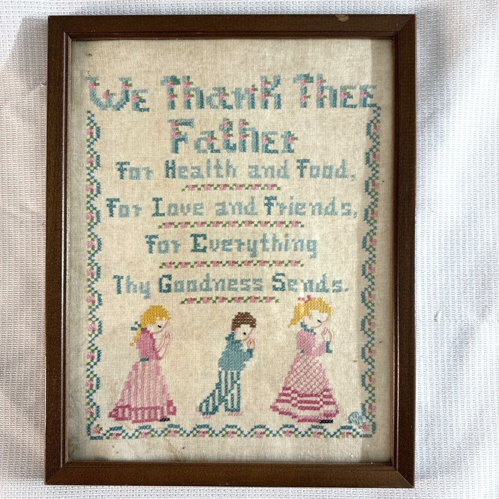Vtg. Counted Cross Stitch Needlepoint 1940s-70s Original Frame Praying Children